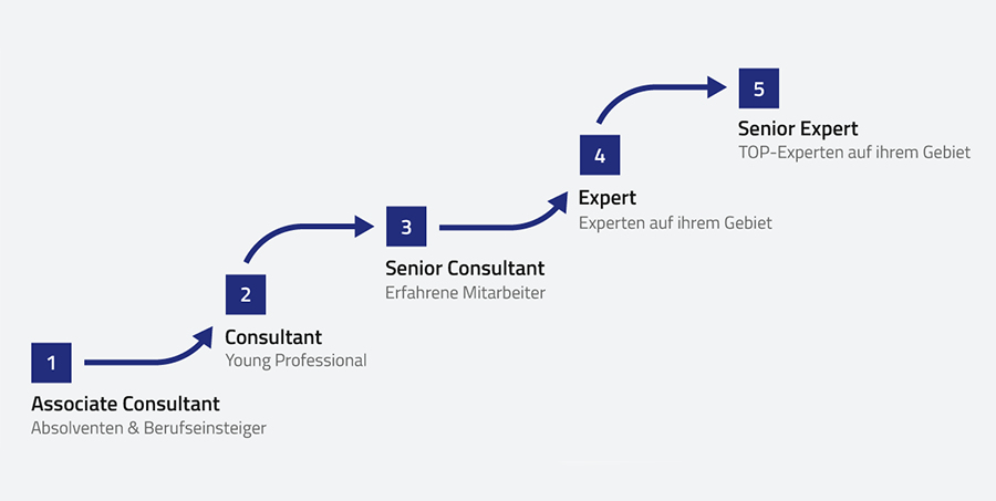 Die Grafik zeigt typische Entwicklungsstufen und Karrierepfade im IT-Consulting bei der ISO-Gruppe – vom Einstieg bis zur Projektleitung oder fachlichen Spezialisierung.

