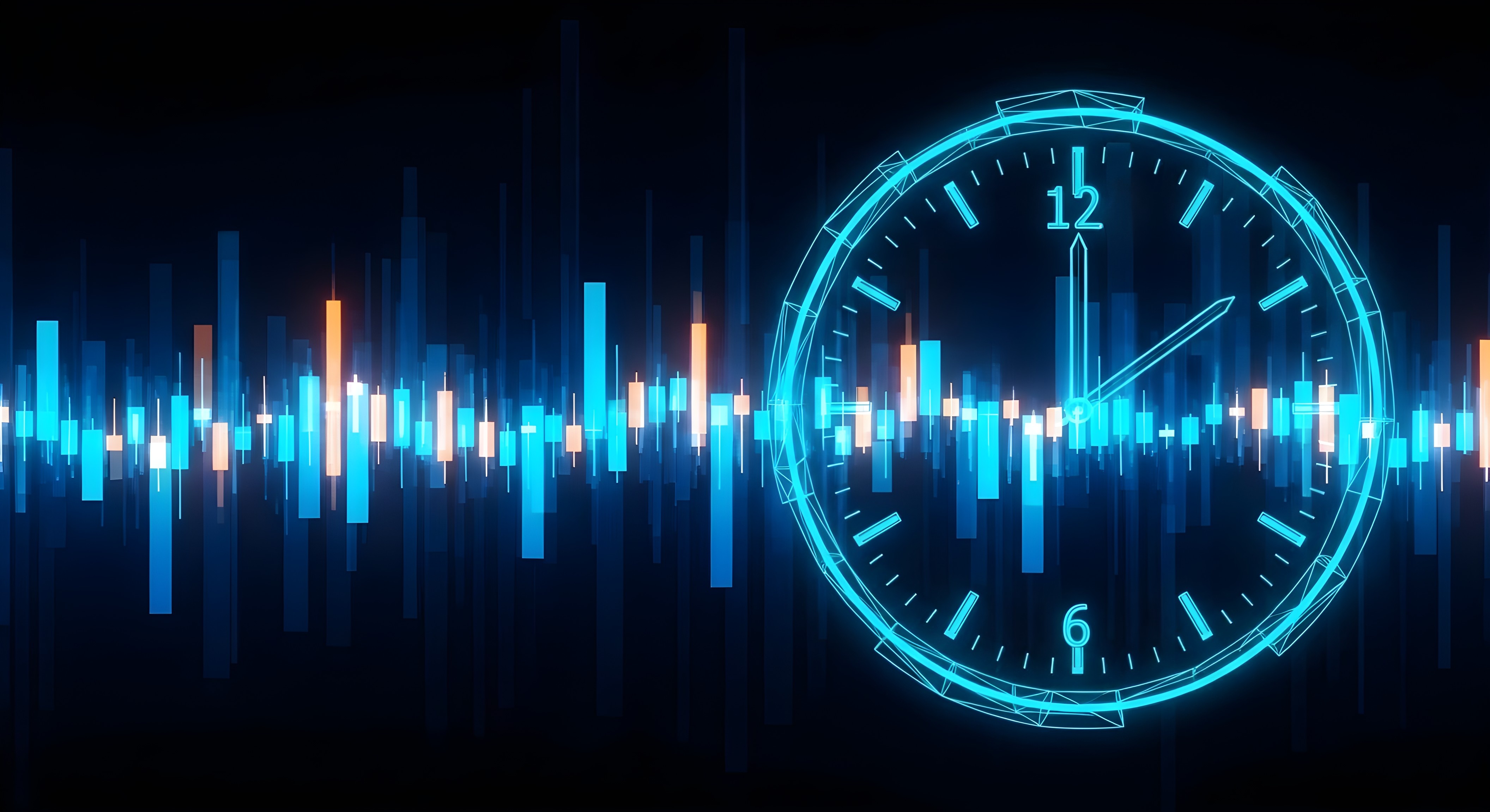 Digital glowing clock in front of an abstract financial data chart, symbolizing the time pressure for implementing EBA-compliant sanctions screening