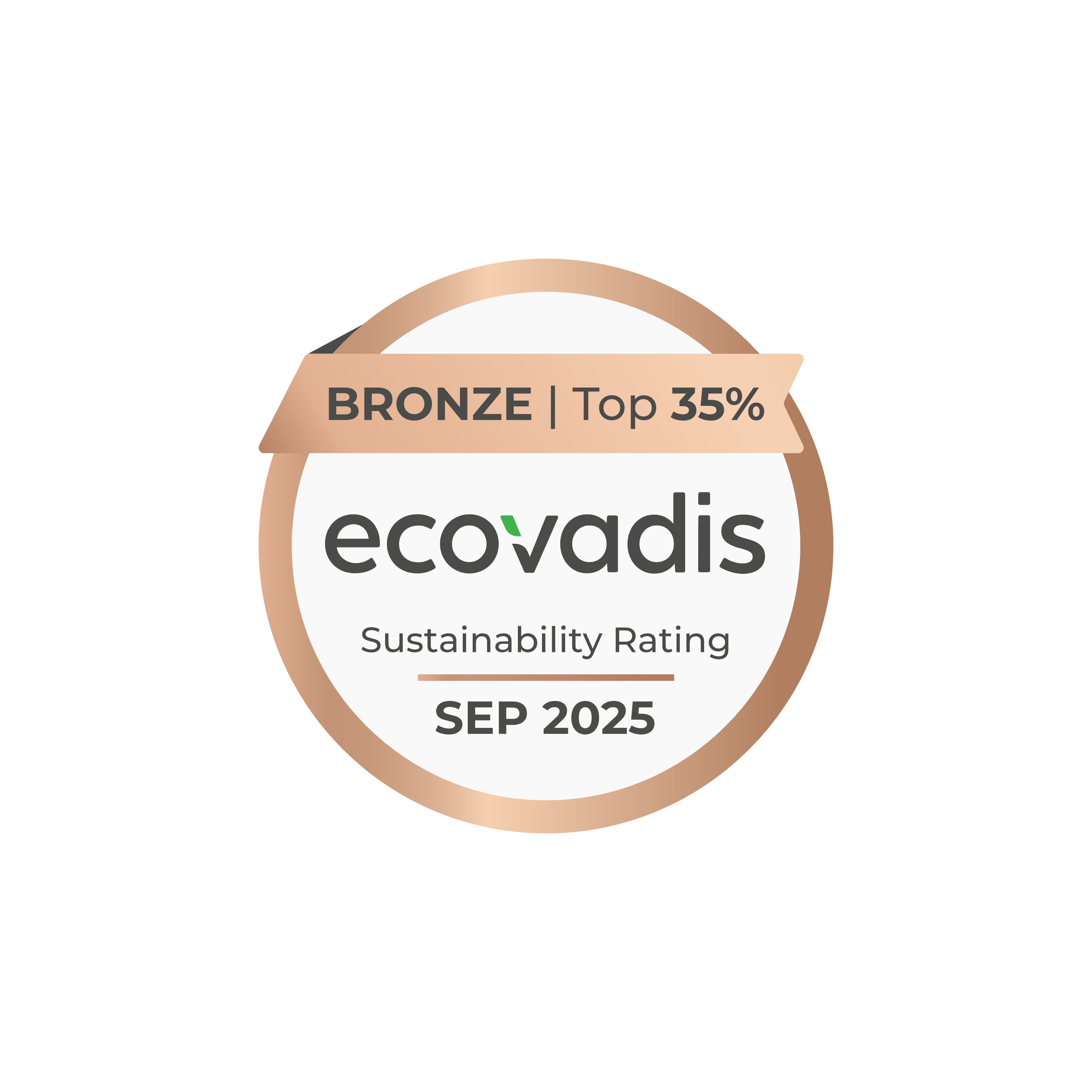 The image shows the EcoVadis Sustainability Rating bronze badge with the distinction “Top 35%” from September 2025. In the context of ISO-Gruppe, it highlights the company’s sustainability performance across environment, labor and human rights, ethics, and sustainable procurement, reflecting its ongoing commitment to responsible business practices.