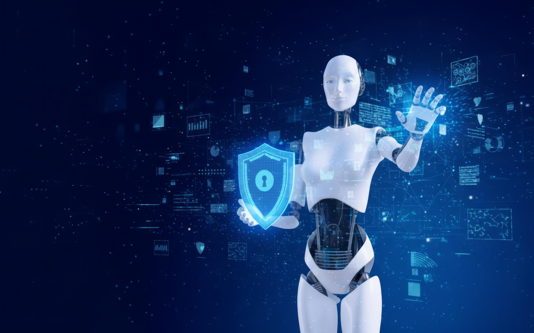 Humanoider Roboter mit digitalem Sicherheitsschild in einer vernetzten Datenumgebung