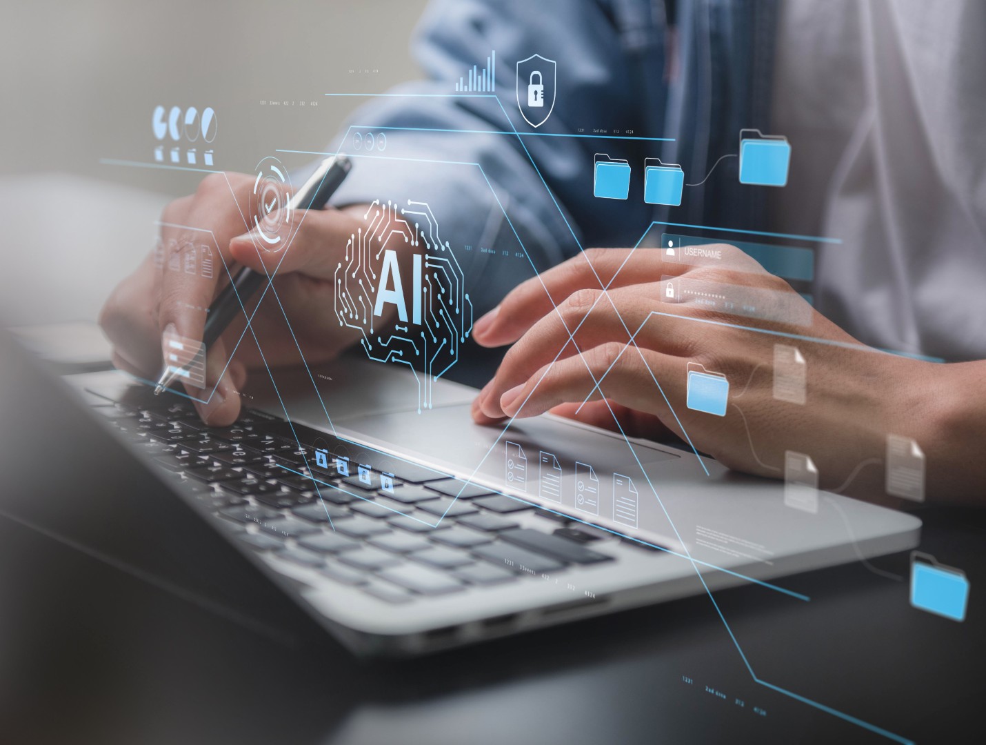 A developer works on a laptop with an AI interface overlay suggesting code, files, and security controls. It’s a good match for content on AI coding assistants, CI/CD automation, DevSecOps, and improving code quality with AI.