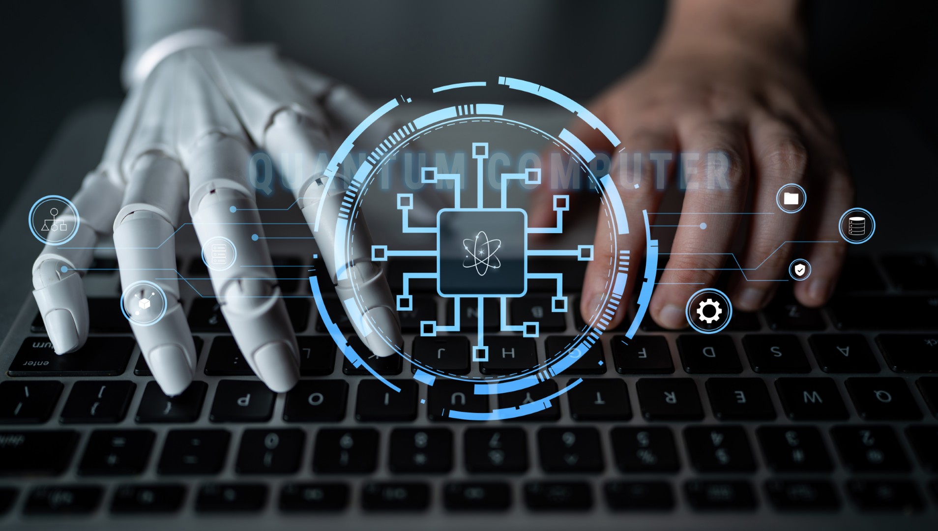 A human hand and a robotic hand on a keyboard represent cognitive AI supporting high-stakes decisions and operations. It fits content on decision support, governance, risk and quality controls, and deploying AI in mission-critical enterprise workflows.