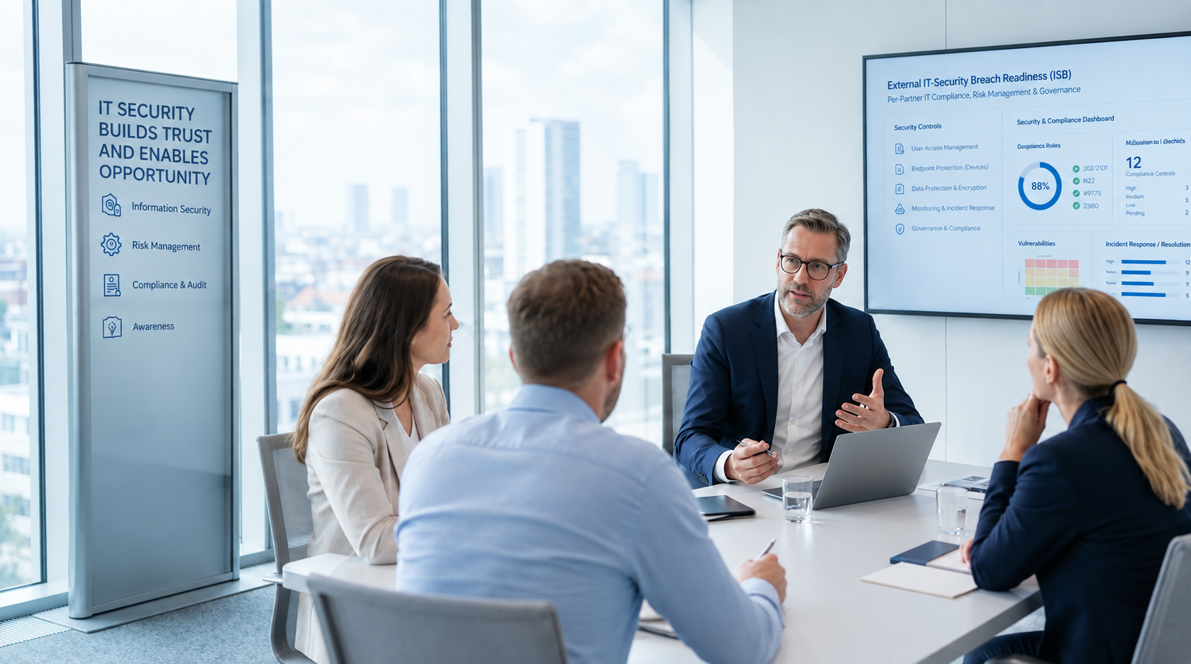 IT-Sicherheitsberater im Gespräch mit einem Unternehmen über Informationssicherheit, Compliance und Security-Maßnahmen.