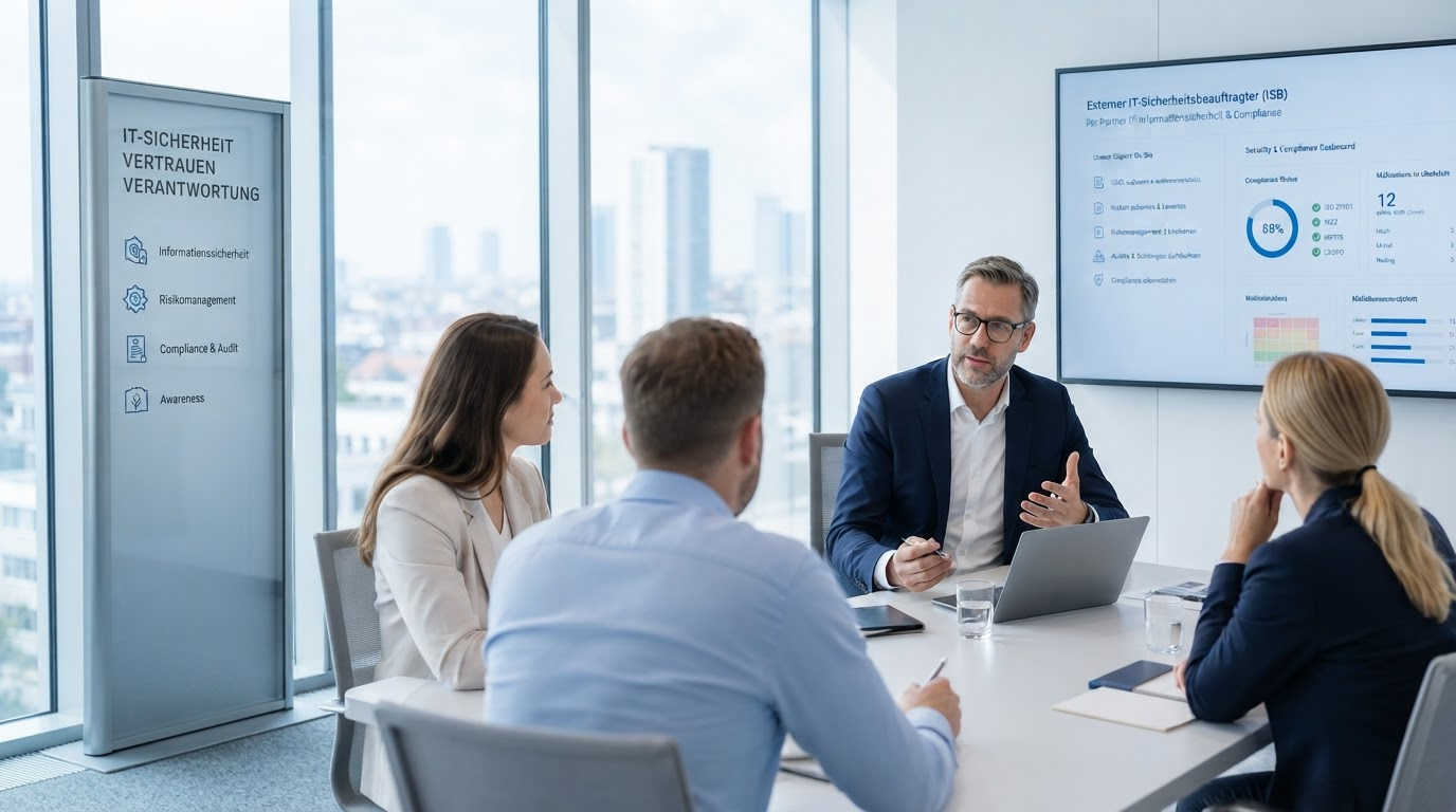 IT-Sicherheitsberater im Gespräch mit einem Unternehmen über Informationssicherheit, Compliance und Security-Maßnahmen.