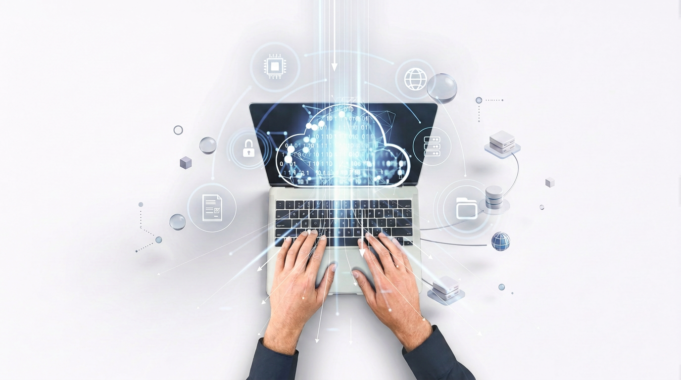 Das Bild zeigt einen Laptop mit visualisierten Cloud-, Sicherheits- und Netzwerk-Symbolen und steht für moderne Cloud-Computing-Umgebungen. Im Fokus stehen Datensicherheit, digitale Infrastruktur, Cloud-Speicher und die vernetzte Verwaltung von Anwendungen, Dateien und IT-Ressourcen.
