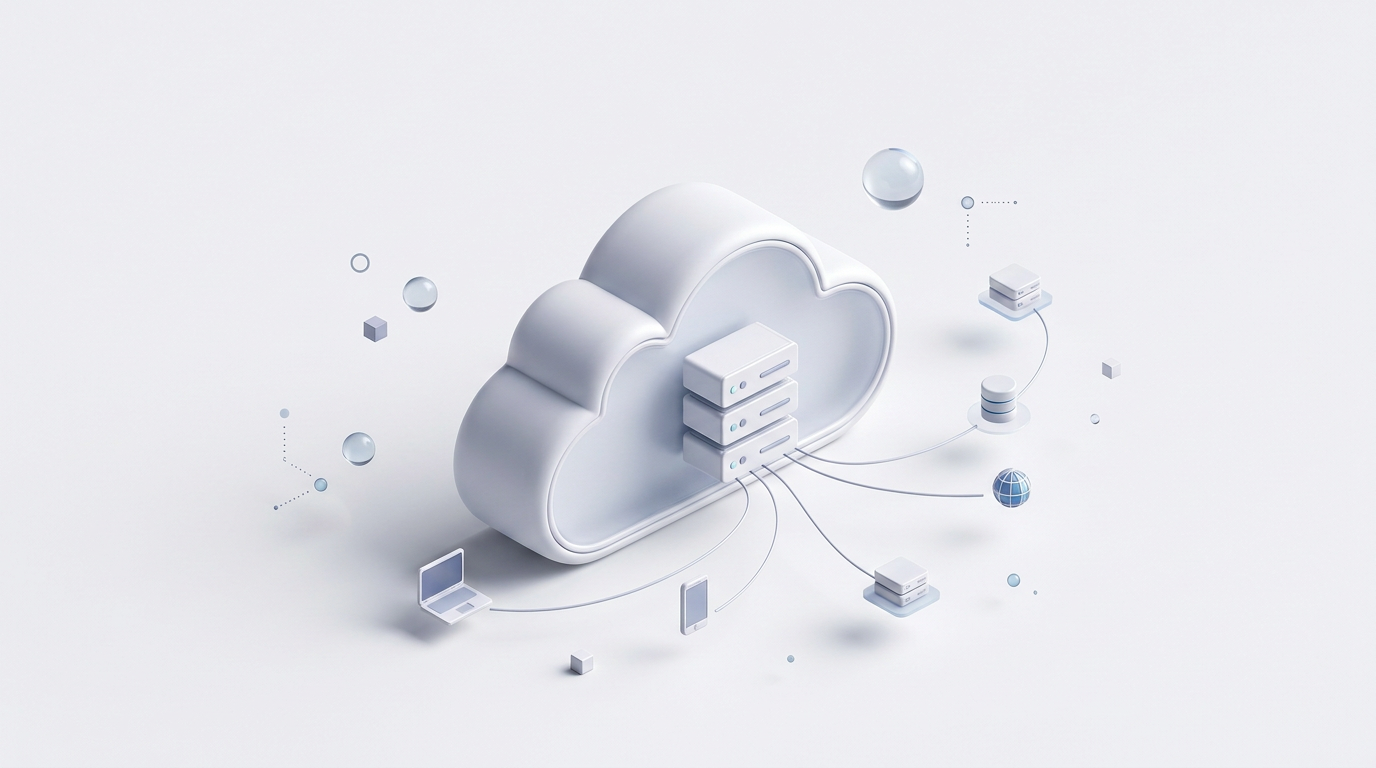 Illustration of a connected cloud infrastructure with a central cloud, servers, storage and connected systems.