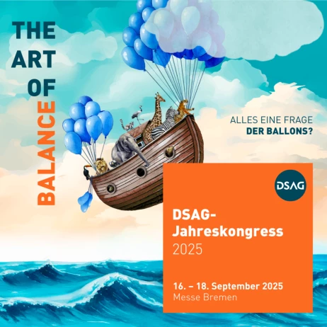 Das Key Visual des DSAG-Jahreskongress 2025 zeigt eine Arche mit Tieren, die von blauen Ballons getragen wird. Unter dem Motto „The Art of Balance“ findet die Veranstaltung vom 16. bis 18. September 2025 in der Messe Bremen statt. Die ISO-Gruppe ist als Partner vor Ort und präsentiert innovative Lösungen rund um SAP und Datenqualität.