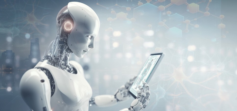 Humanoider Roboter analysiert Daten auf einem Tablet in futuristischer Umgebung mit neuronalen Netzwerken im Hintergrund.