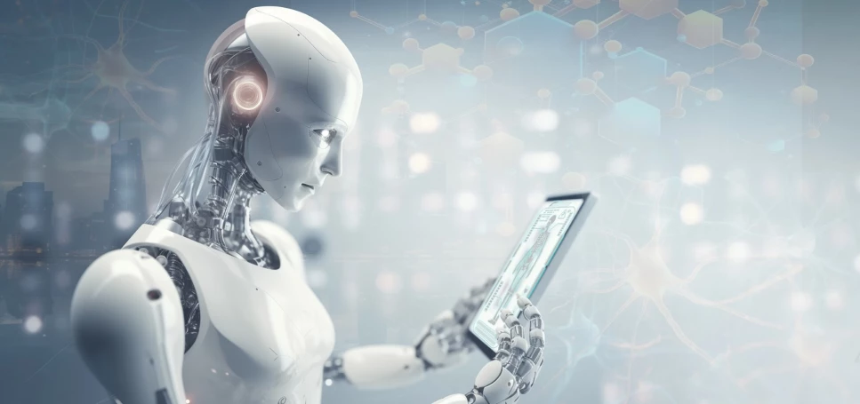 Humanoider Roboter analysiert Daten auf einem Tablet in futuristischer Umgebung mit neuronalen Netzwerken im Hintergrund.