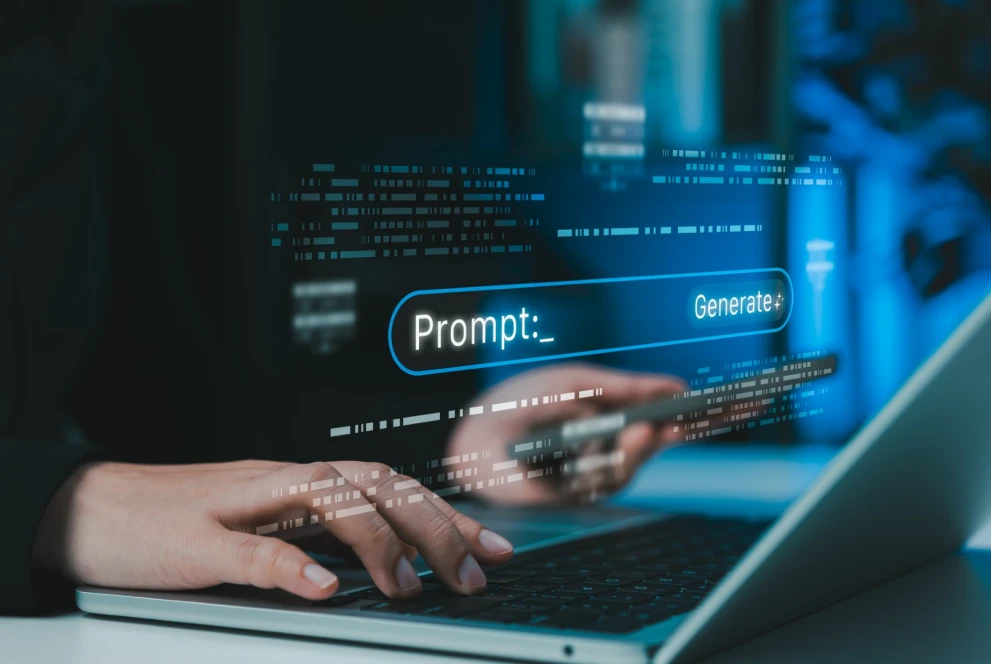 A user types a prompt into a “Generate” interface while working on a laptop. The visual supports topics like generative AI, prompt engineering, and AI-assisted content or code creation for business workflows.