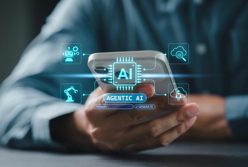 A smartphone UI labeled “Agentic AI” links autonomous agents with cloud services and automation elements. It fits topics like AI agent orchestration, task automation, and enterprise-ready agentic workflows.