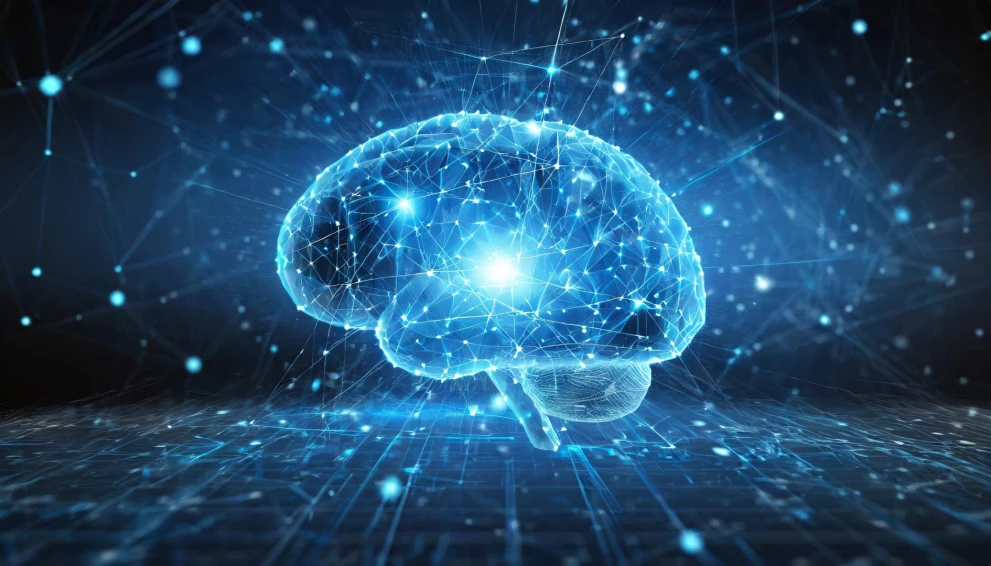 Luminous digital brain with integrated circuits on a dark background – symbolizing artificial intelligence, neural networks, and machine learning.