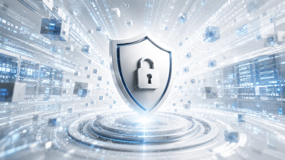 Digitales Schutzschild mit Schloss vor einer hellen IT-Infrastruktur als Symbol für Informationssicherheit.
