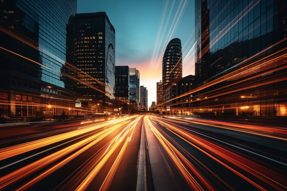 Street with exposure strips in a large city