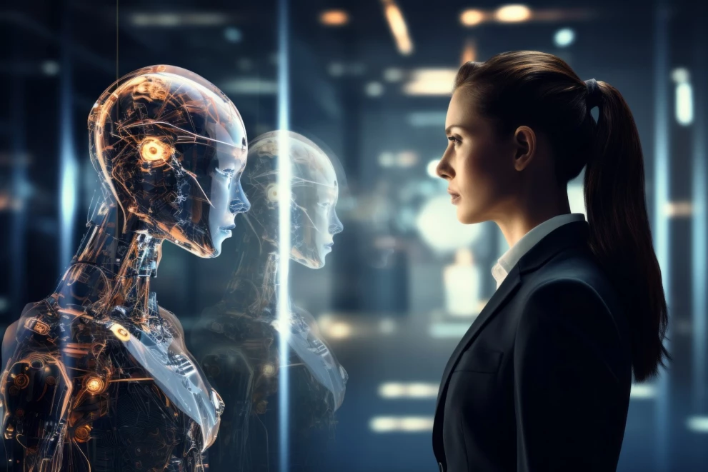 Frau blickt einem humanoiden Roboter in futuristischer Umgebung gegenüber, Symbol für künstliche Intelligenz und Mensch-Maschine-Interaktion.