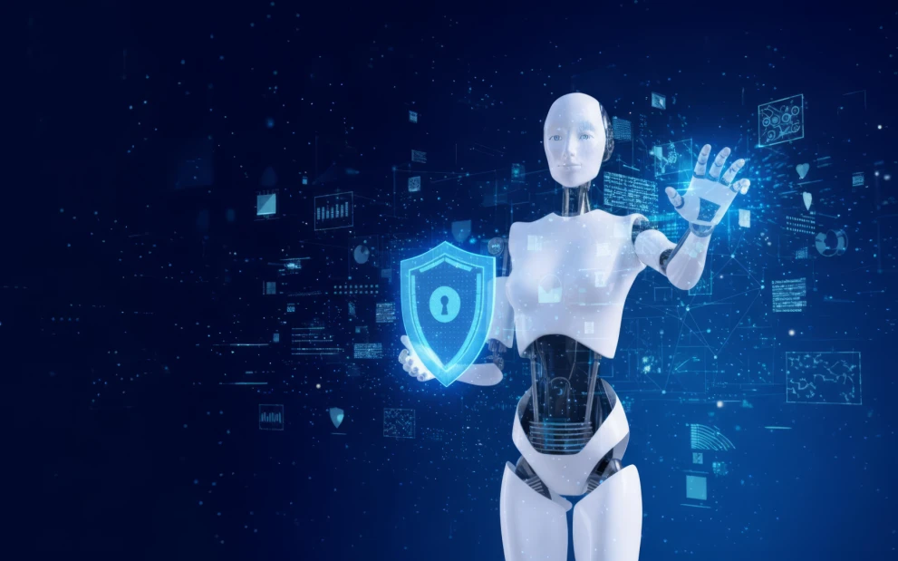 Humanoider Roboter mit digitalem Sicherheitsschild in einer vernetzten Datenumgebung