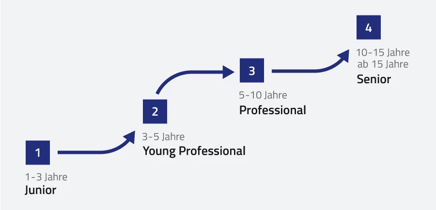 Die Grafik zeigt mögliche Entwicklungsstufen für Softwareentwickler bei ISO – von der Ausbildung bis zu fachlicher Verantwortung oder Führungsrollen.

