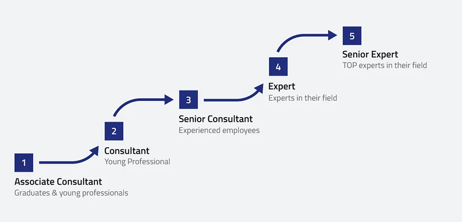 This infographic illustrates career levels and development paths in IT consulting at ISO-Gruppe – from entry-level to senior roles or specialist positions.