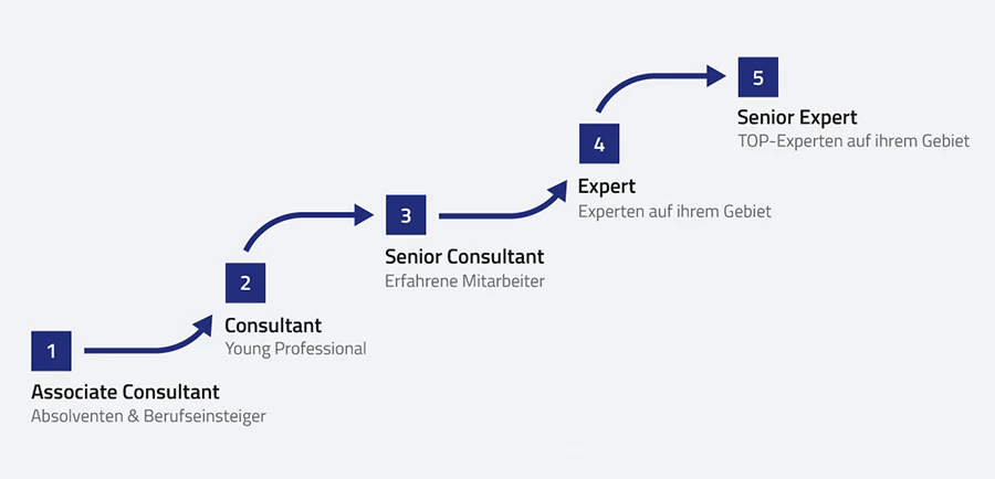 Die Grafik zeigt typische Entwicklungsstufen und Karrierepfade im IT-Consulting bei der ISO-Gruppe – vom Einstieg bis zur Projektleitung oder fachlichen Spezialisierung.

