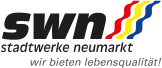 Logo der Stadtwerke Neumarkt mit dem Kürzel ‚swn‘ in schwarzer Schrift, daneben drei geschwungene Linien in Rot, Gelb und Blau. Darunter steht ‚stadtwerke neumarkt‘ und der Slogan ‚wir bieten lebensqualität!