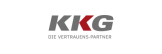 Dreibuchstabiger Schriftzug ‚KKG‘ in Großbuchstaben, wobei der mittlere Buchstabe ‚K‘ in Rot und die anderen in Grau dargestellt sind. Unter dem Logo steht in grauer Schrift: ‚DIE VERTRAUENS-PARTNER‘.