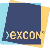 Logo von Excon mit dem Schriftzug „>excon“ in gelber Schrift auf dunkelblauem Hintergrund, eingerahmt von überlappenden Rechtecken in Hellblau und Gelb.