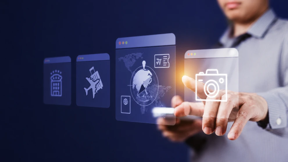 Digital interface with travel-related icons illustrating data- and AI-powered yield management in the travel industry.