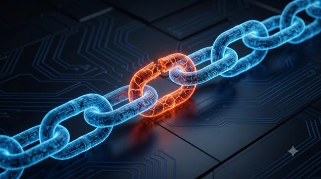 Glowing digital chain with a damaged orange link symbolising risks in the IT supply chain.