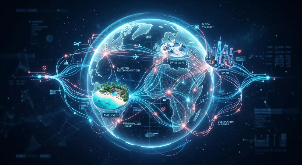 The image illustrates a digitally connected globe with travel destinations and data flows, representing the use of agentic AI in the travel industry. The focus is on automated decision-making, personalized travel recommendations and intelligent integration of global booking systems. Agentic AI refers to systems that can act autonomously, manage processes and optimize complex travel workflows . ISO-Gruppe applies these technologies to develop advanced solutions for digital distribution, dynamic packaging and intelligent travel platforms.
