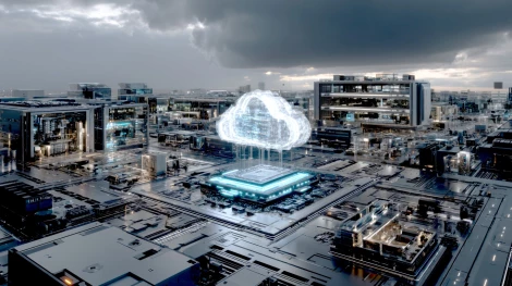 Das Bild zeigt ein modernes, digitalisiertes Rechenzentrum, in dessen Zentrum eine leuchtende Cloud als Symbol für Cloud-Computing schwebt. Die vernetzte Architektur und die futuristische Gestaltung stehen exemplarisch für leistungsfähige IT-Infrastrukturen, Cloud-Lösungen und die digitale Transformation in Unternehmen. Die Szene verdeutlicht, wie die ISO-Gruppe innovative Cloud-Technologien und skalierbare IT-Services für individuelle Geschäftsanforderungen bereitstellt. Das Motiv eignet sich ideal zur Visualisierung moderner Digitalisierungskonzepte und vernetzter Unternehmens-IT auf der Website.