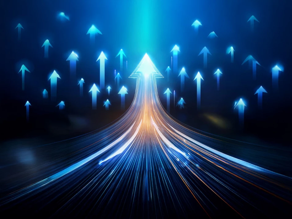 This image features glowing arrows pointing upward, visually representing momentum and progress. It conveys themes of digital growth, innovation, and the pursuit of lasting business success.