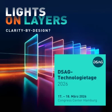 Visual for the “DSAG Technology Days 2026,” featuring futuristic glowing layers that represent digital clarity and innovation. The image highlights the event on March 17–18, 2026, at the Congress Center Hamburg, where the ISO-Gruppe will showcase forward-thinking technologies and solutions.
