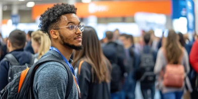 The image depicts a student attending a busy job fair, surrounded by other visitors and exhibitors. It represents career events where students and graduates explore job opportunities and connect with potential employers. In this context, ISO-Gruppe is positioned as a modern IT employer offering diverse career paths and professional growth opportunities.