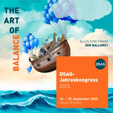 The key visual for the DSAG Annual Congress 2025 shows an ark with animals being carried by blue balloons. Under the motto “The Art of Balance,” the event will take place from September 16 to 18, 2025, at the Bremen Exhibition Center. The ISO Group will be there as a partner, presenting innovative solutions for SAP and data quality.