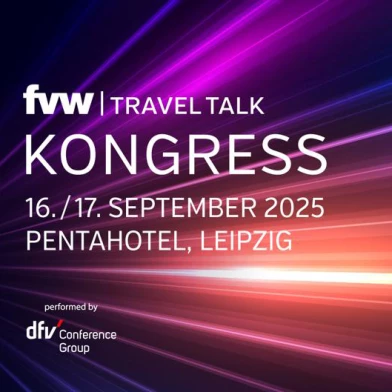 Key Visual des fvw Travel Talk Kongress 2025, der am 16. und 17. September im Pentahotel Leipzig stattfindet. Die ISO-Gruppe ist als Partner mit dabei und präsentiert digitale Lösungen für die Touristik.