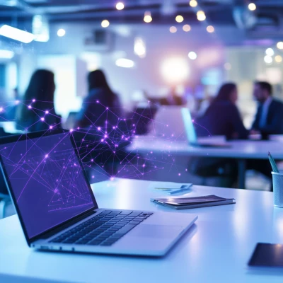 Laptop auf einem Schulungstisch mit violettem Datennetz-Overlay im modernen Büro, unscharfe Teilnehmende im Hintergrund