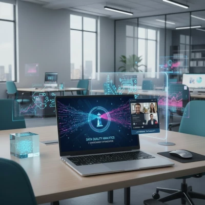 The image shows a modern digital workspace with virtual analytics and communication interfaces. It represents the free webinars offered by the Data Quality business unit of ISO-Gruppe, focusing on Marlin products for SAP, digital data processes, data quality and master data management.