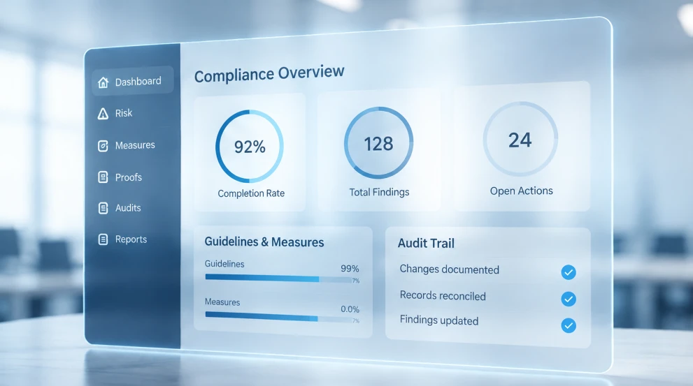 Digitales Compliance-Dashboard mit Statusanzeigen zu Risiken, Maßnahmen, Nachweisen und Audit-Trail.