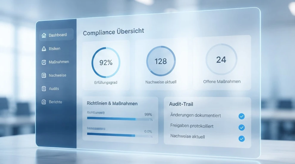Digitales Compliance-Dashboard mit Statusanzeigen zu Risiken, Maßnahmen, Nachweisen und Audit-Trail.