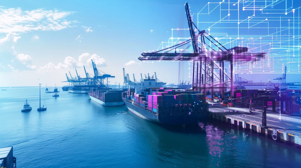 Die Illustration zeigt einen digital vernetzten Containerhafen und symbolisiert strukturierte Geschäftsprozesse sowie den sicheren Austausch von Geschäftspartnerdaten. Das Bild steht im Zusammenhang mit einem kostenfreien Webinar der ISO-Gruppe zu Marlin Data Governance für Business Partner und verdeutlicht die zentrale Verwaltung, Qualitätssicherung und Governance von Business-Partner-Daten in SAP-Systemen.