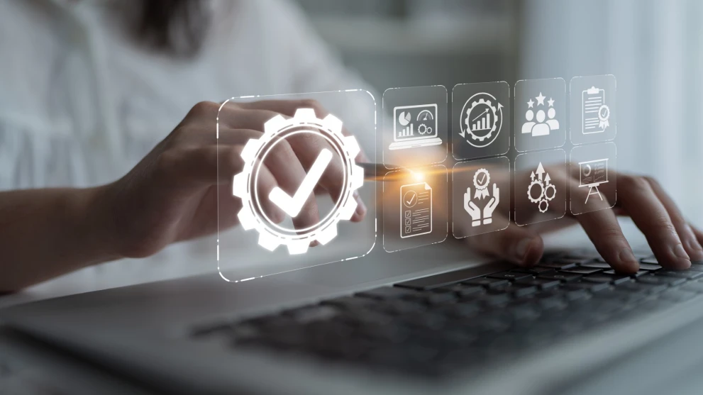 A digital checkmark and process icons represent internal controls, ownership, and managed policies. It fits content on control matrices, policy management, GRC platforms, audit readiness, and standardized compliance processes.