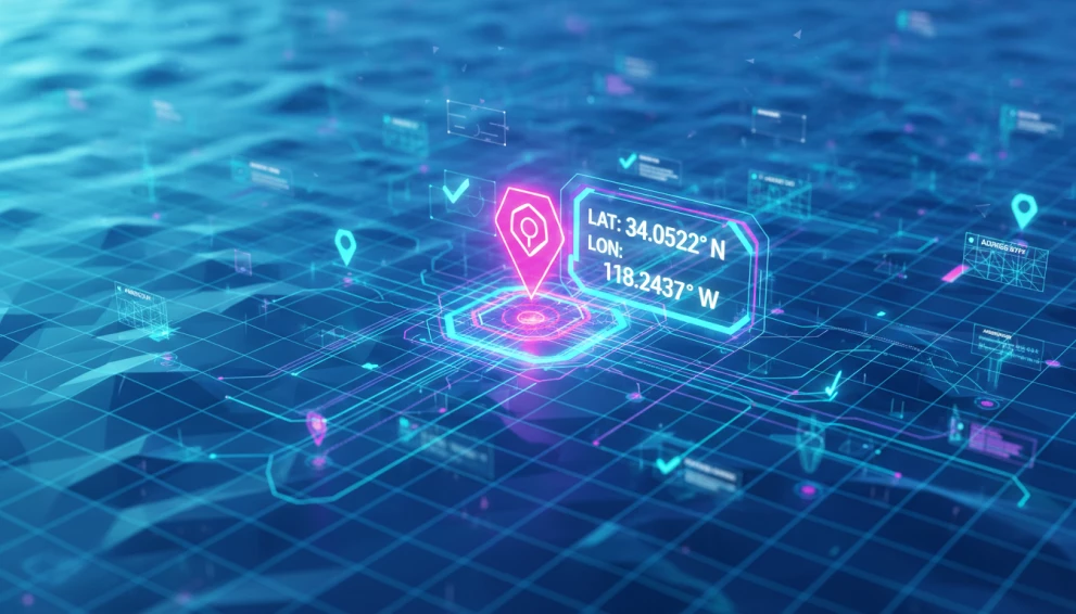 Die Illustration zeigt digitale Standort- und Adressdaten in einer vernetzten Datenumgebung. Das Bild steht im Zusammenhang mit einem kostenfreien Webinar der ISO-Gruppe zur Marlin Adressvalidierung und verdeutlicht die automatisierte Prüfung, Validierung und Qualitätssicherung von Adressdaten in SAP-Systemen.