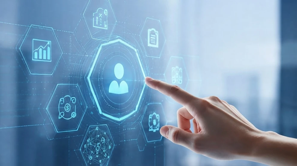 Digitale Benutzeroberfläche mit vernetzten Funktionen für Analyse, Security-Steuerung und Entscheidungsunterstützung.