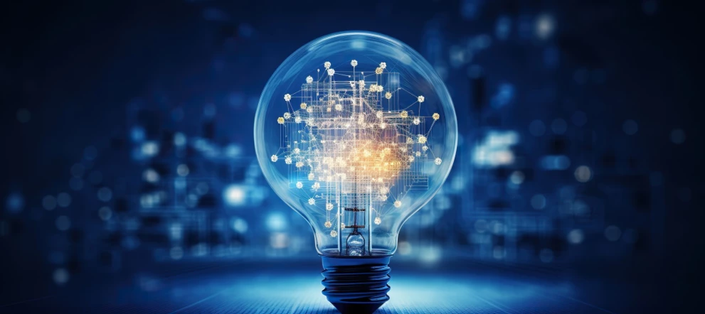 Darstellung einer Glühbirne mit einem digitalen neuronalen Netzwerk im Inneren – symbolisiert die Verbindung von Technologie und Intelligenz im Kontext der Künstlichen Intelligenz.