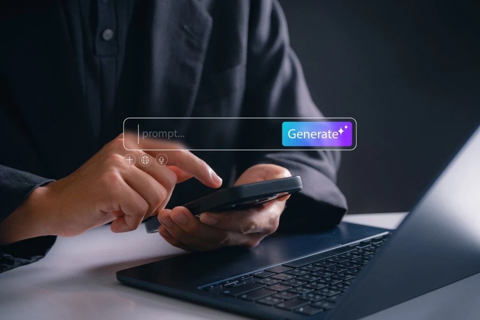 Das Bild zeigt eine Person, die am Smartphone einen Prompt eingibt, während ein Laptop im Vordergrund steht. Es visualisiert generative KI, Prompting und die KI-gestützte Content-Erstellung für Marketing, Service oder interne Workflows im B2B-Kontext.