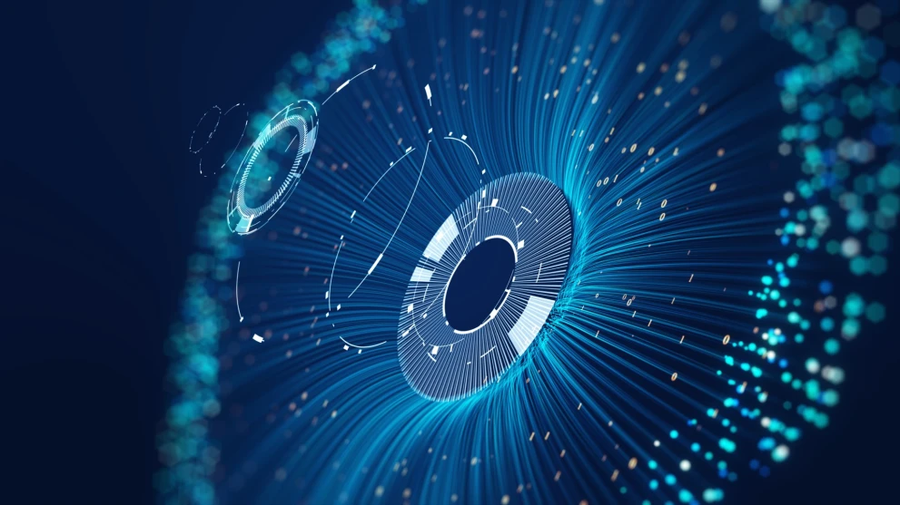 Abstract data streams and interface rings convey AI perception and the processing of sensor signals. It fits topics like multimodal AI, computer vision, pattern recognition, and real-time analytics for industrial use cases.
