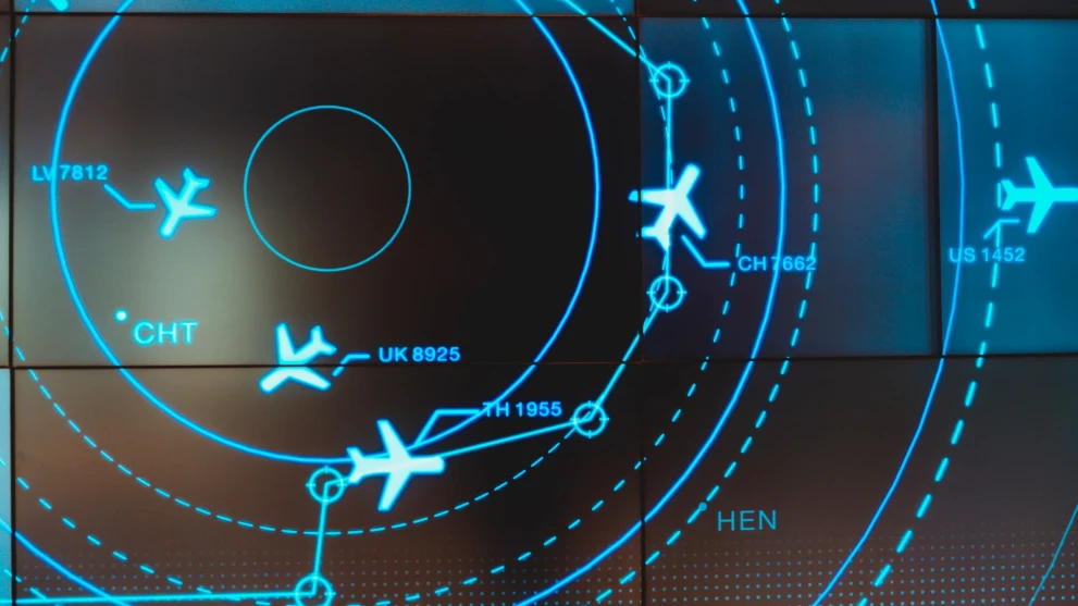 Radar-style flight tracks highlight operational visibility across gates, slots, and ground handling. It’s well suited for content on airport resource management, AI-driven dispatch, turnaround optimization, and real-time decision support in aviation operations.