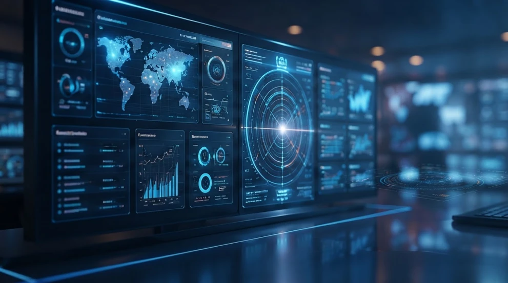 Digitales Security-Dashboard mit Monitoring- und Analyseansichten für die kontinuierliche Überwachung von Sicherheitsereignissen.