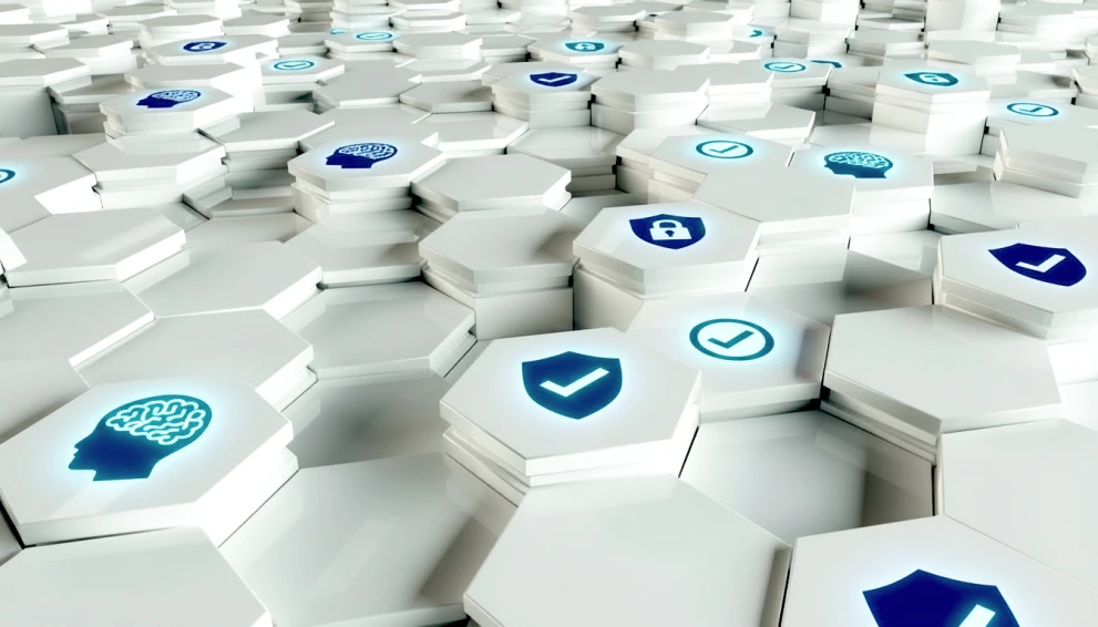 Weiße modulare Elemente mit Symbolen für IT-Sicherheit, Compliance und Automatisierung.