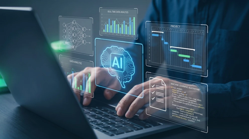 Analytics panels and an AI icon represent natural language processing and turning large text volumes into structured insights. It fits topics like LLMs, information extraction, semantic search, and automating document workflows in enterprise settings.